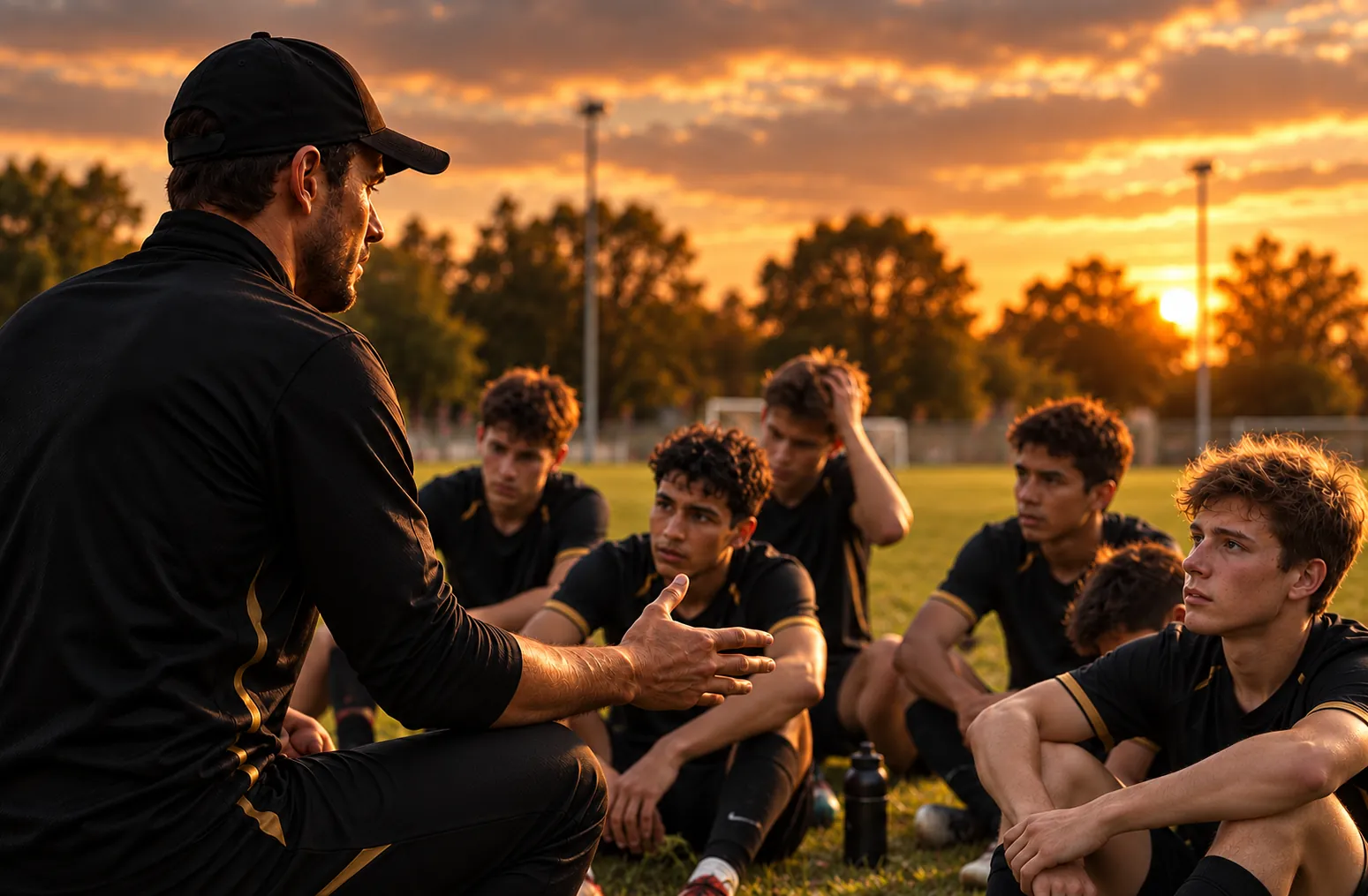 A Beyondue coach gathers young players on the pitch at sunset.