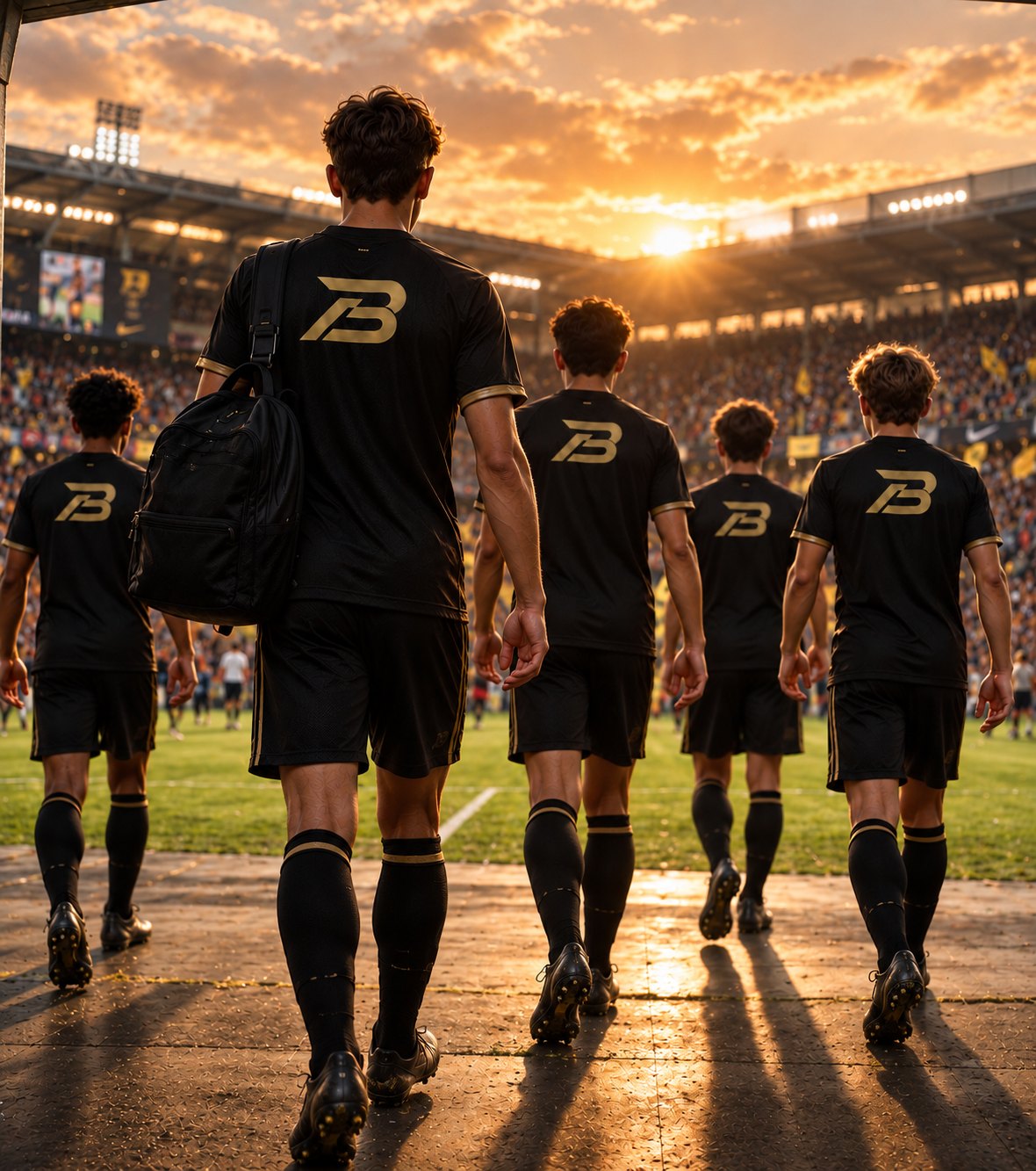 A team in black Beyondue kits walks out of the stadium tunnel towards the pitch at sunset, one player carrying the ball.