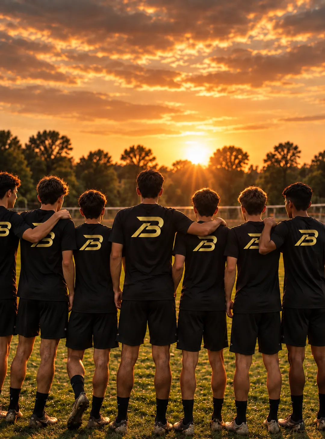 A squad in Beyondue shirts stands arm in arm, facing a setting sun.